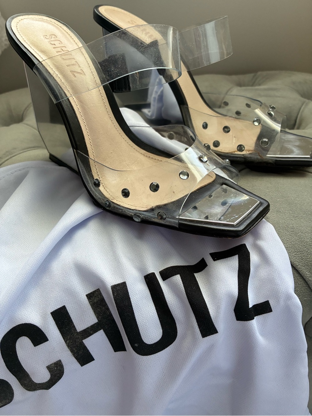 SCHUTZ Clear Wedge Heels with Black Trim